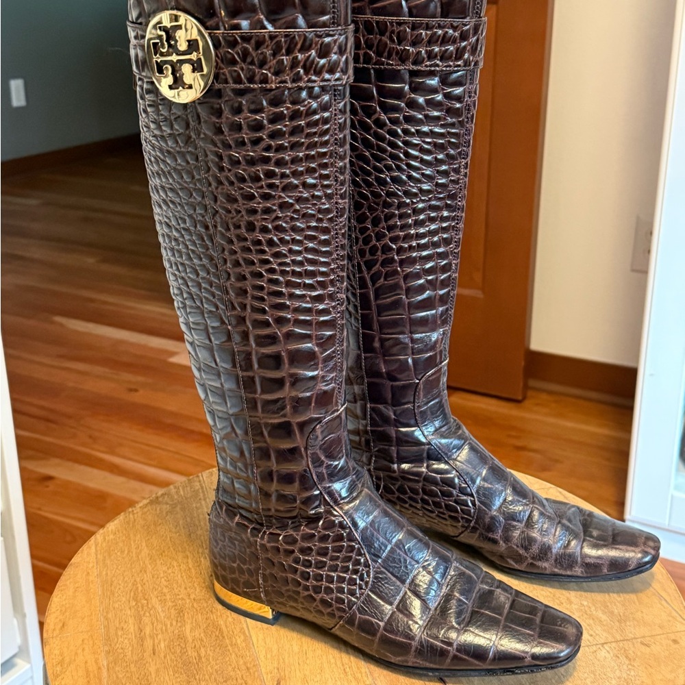 Tory Burch Dark Brown Croc-Embossed Leather Knee Boots with Gold Logo Medallion